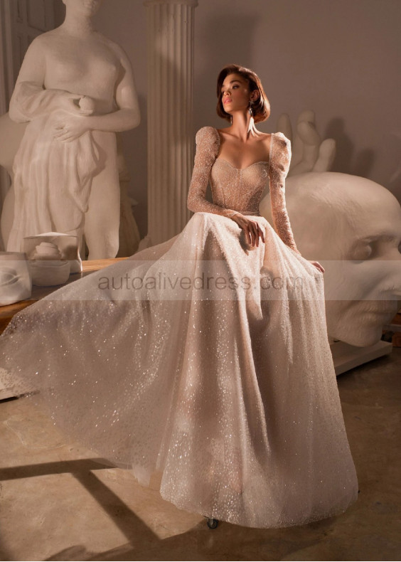 Long Sleeves Ivory Glitter Tulle Sparkly Wedding Dress
